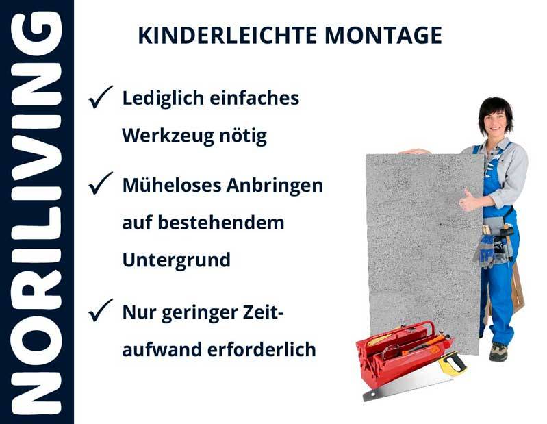 Frau mit Werkzeug präsentiert Noriliving Montage: Einfache Installation, geringer Zeitaufwand