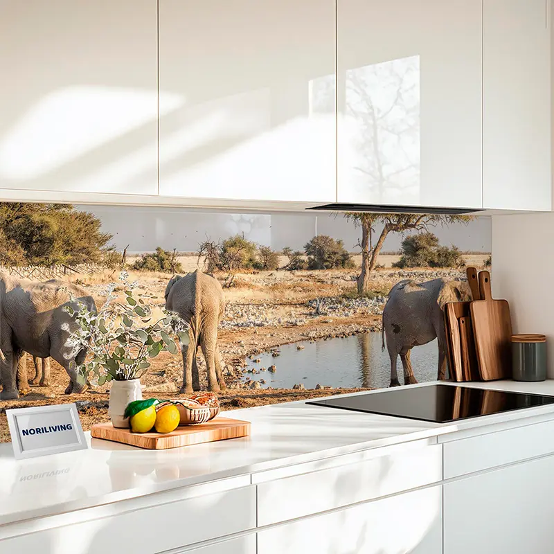 Küchenrückwand Echtglasoptik Profiline Elefanten an einer Wasserstelle in der Savanne 378