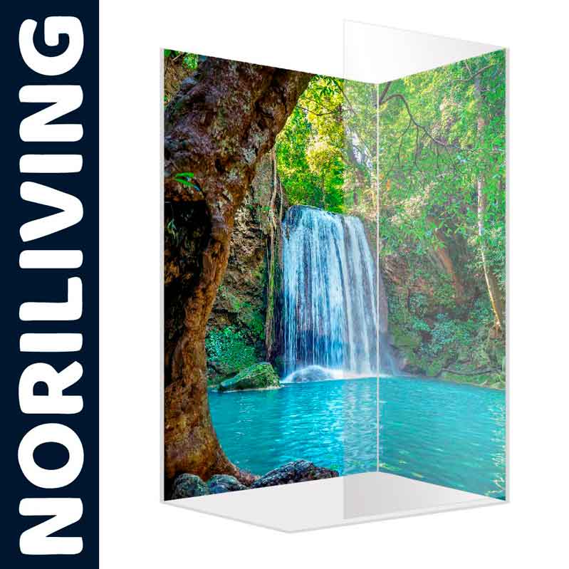 Duschtrennwand von NORILIVING mit einem Wasserfall im Wald als Motiv