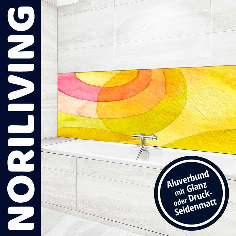 Moderne Badezimmer-Rückwand mit farbenfrohem Muster aus Aluverbund in glänzender oder seidenmatter Optik