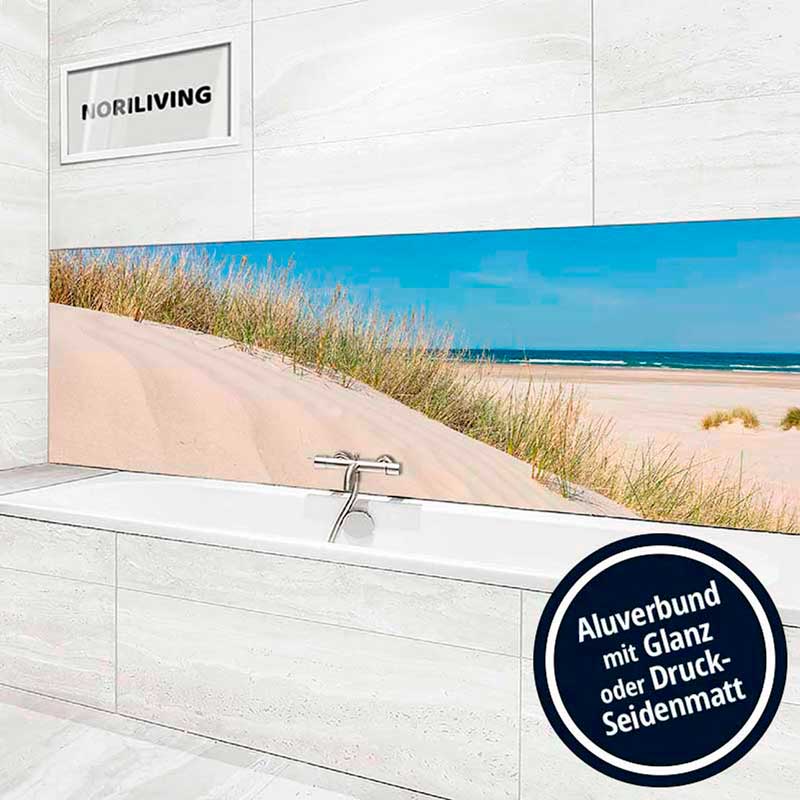 Badezimmer mit Wandgestaltung in Strandmotiv, Aluverbund mit Glanz oder Druck-Seidenmatt