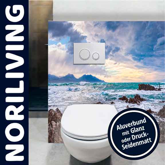 Dekorative WC-Vorwand mit Meeresdesign von Noriliving Moderne WC-Vorwand mit Aluverbund in Meeresdesign von Noriliving, erhältlich in Glanz oder Druck-Seidenmatt