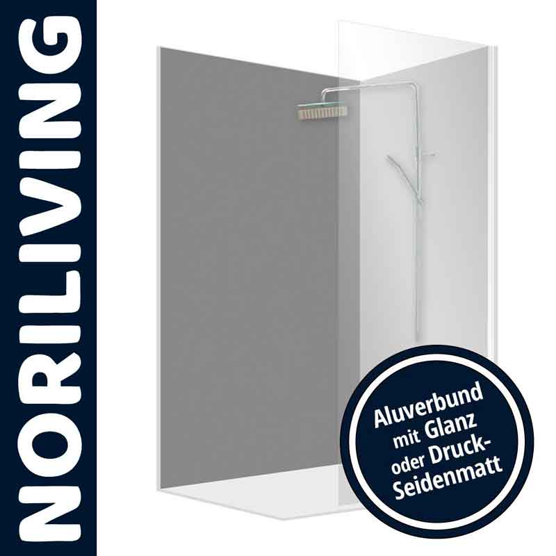 Transparente Duschwand von Noriliving mit Aluverbund, erhältlich in Glanz oder Druck-Seidenmatt