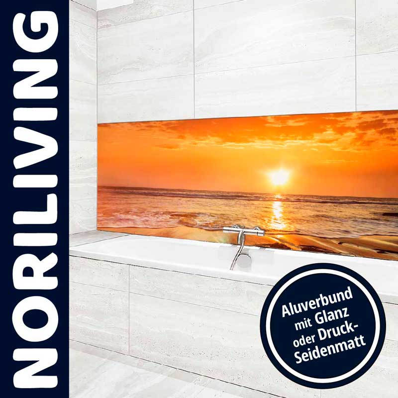 Dekorative Badewannenwand aus Aluverbund von Noriliving mit Strand-Sonnenuntergang-Motiv, erhältlich in Glanz oder Druck-Seidenmatt