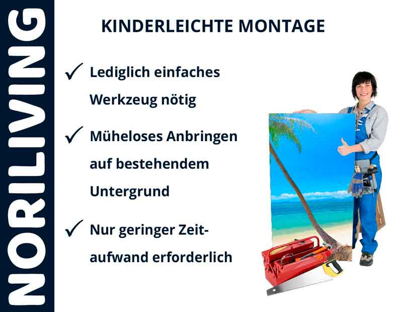 Kinderleichte Montage mit Noriliving Produkten – Einfaches Werkzeug genügt Person präsentiert ein Noriliving Produkt mit einfachen Montage-Tipps: Einfache Werkzeuge, müheloses Anbringen, geringer Zeitaufwand.