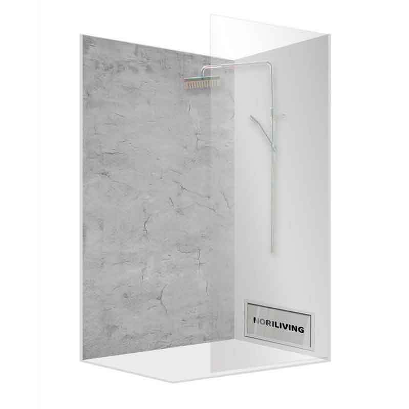 Moderne Dusche mit Glaswand und grauer Betonoptik Elegante Dusche mit Glasabtrennung und grauer Wand in Betonoptik, Hersteller NORILIVING