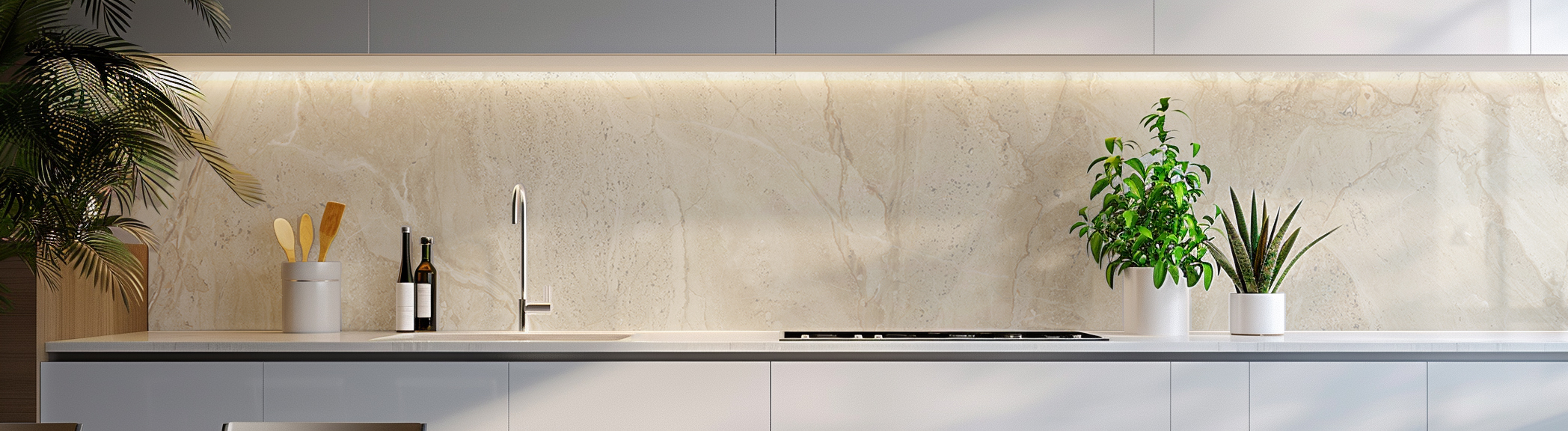 Moderne minimalistische Küche mit Pflanzen und Marmorhintergrund Eine moderne Küchenzeile mit hellem Marmorhintergrund, einem Wasserhahn, Flaschen und mehreren grünen Pflanzen dekoriert, präsentiert minimalistischen Stil.