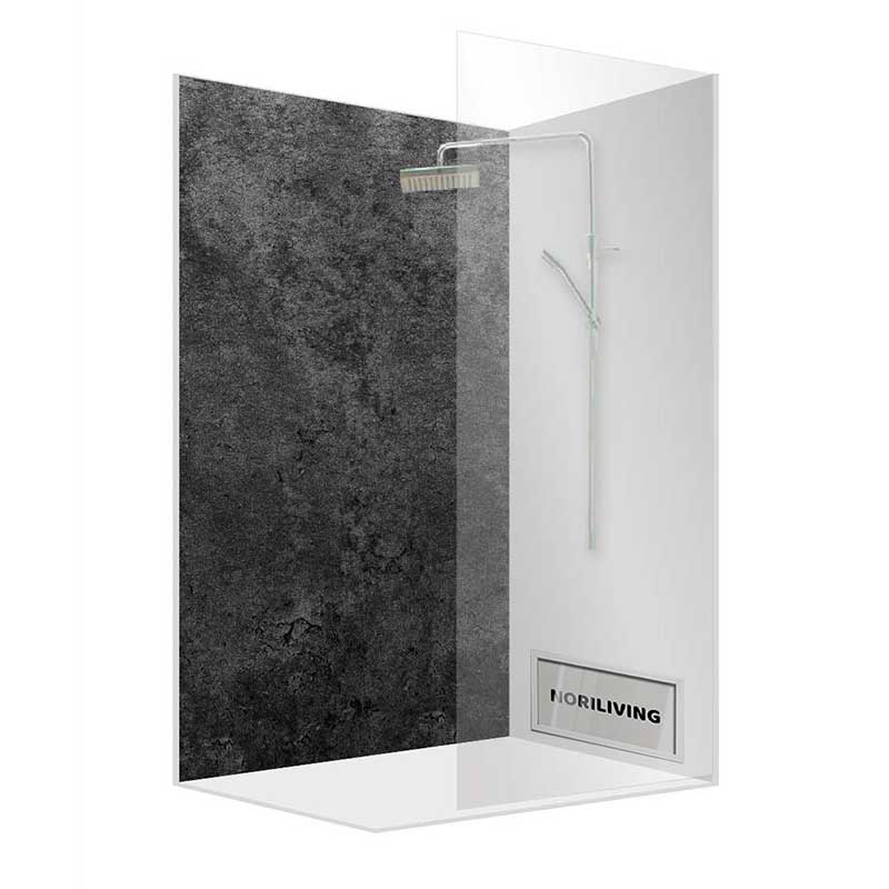 Duschkabine mit stilvoller dunkler Steinwand und transparentem Glas