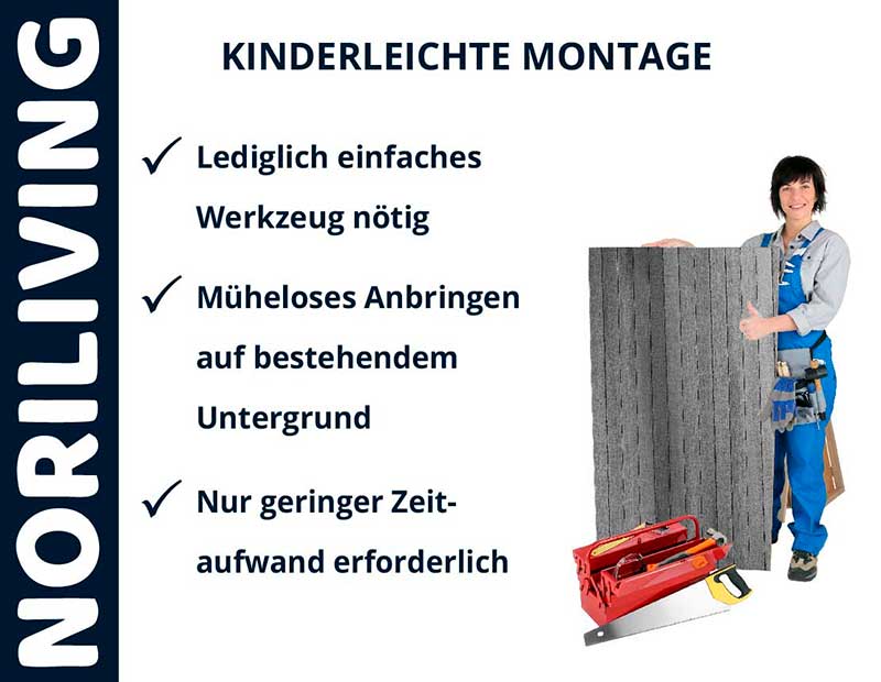 Frau zeigt Noriliving Wandverkleidung mit Werkzeugkoffer; einfache Montage ohne Spezialwerkzeug erforderlich
