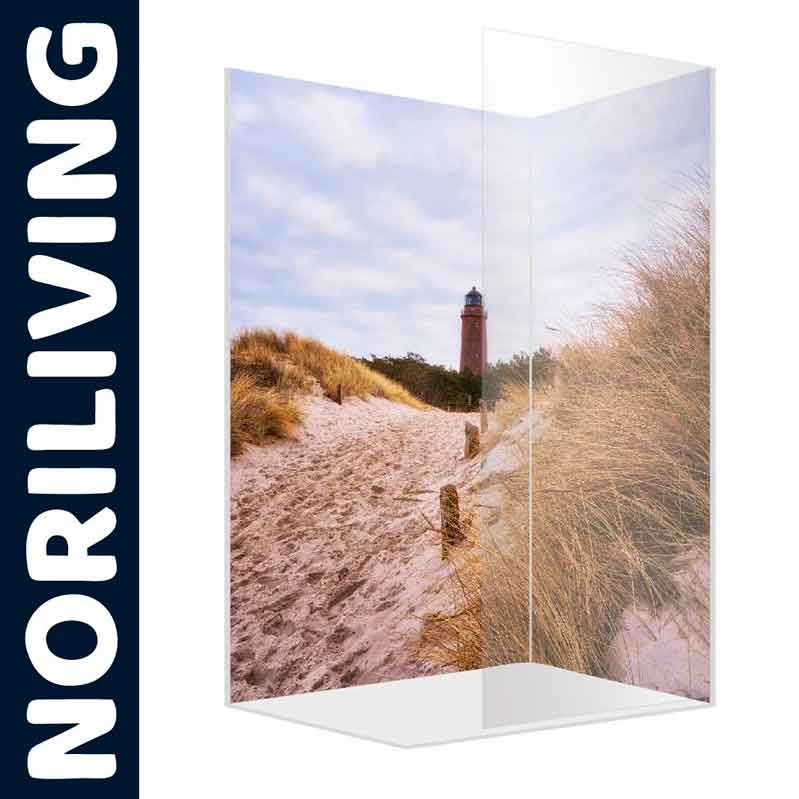 Dekorative Glasbild-Nische mit einem Leuchtturm im Dünengebiet, produziert von NORILIVING