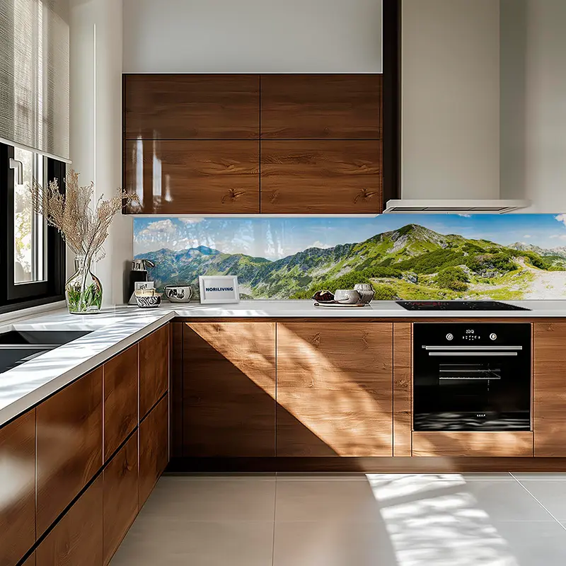 Blick auf moderne Küche mit Berg-Motiv als Spritzschutz