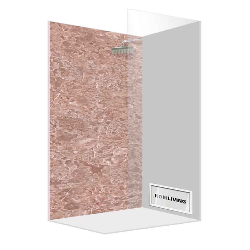 Illustration einer Duschkabine mit einer marmorierten Rückwand und einem Regal