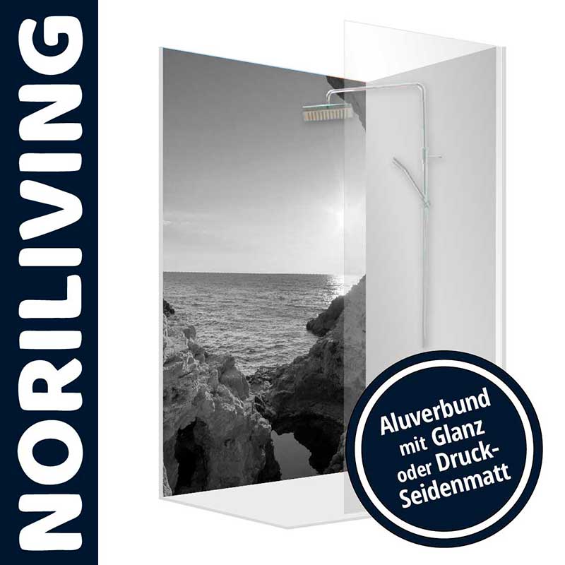 Duschtrennwand von Noriliving mit schwarz-weißem Küstenmotiv, erhältlich in glänzendem oder mattem Alubunddesign