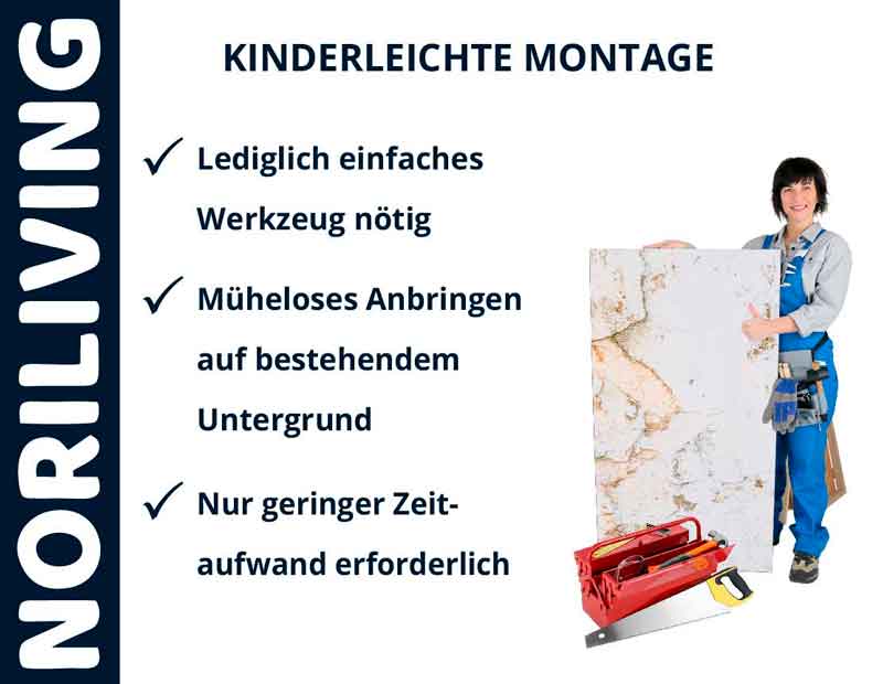 Handwerkerin zeigt einfache Montageanleitung von Noriliving mit minimalem Werkzeugbedarf