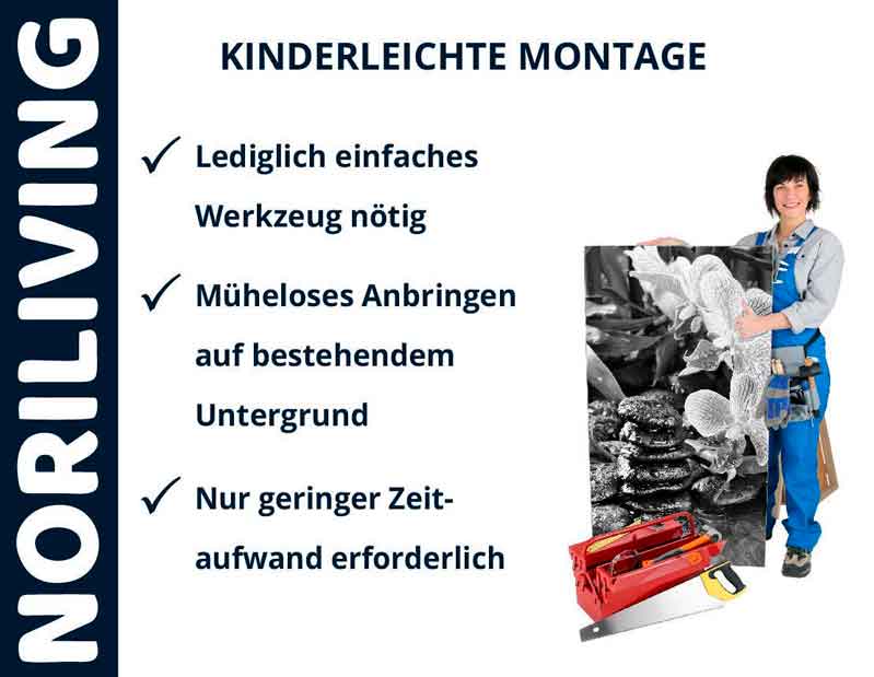 Werbung von Noriliving für einfache Montage mit Person und Werkzeug