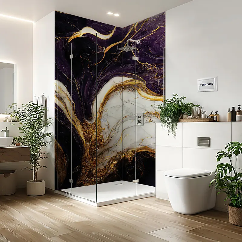 Duschrückwand Einzel | Ecke | Nische | Alu Marmor violett-weiß-grau mit goldfarbigen Einschlüssen 085