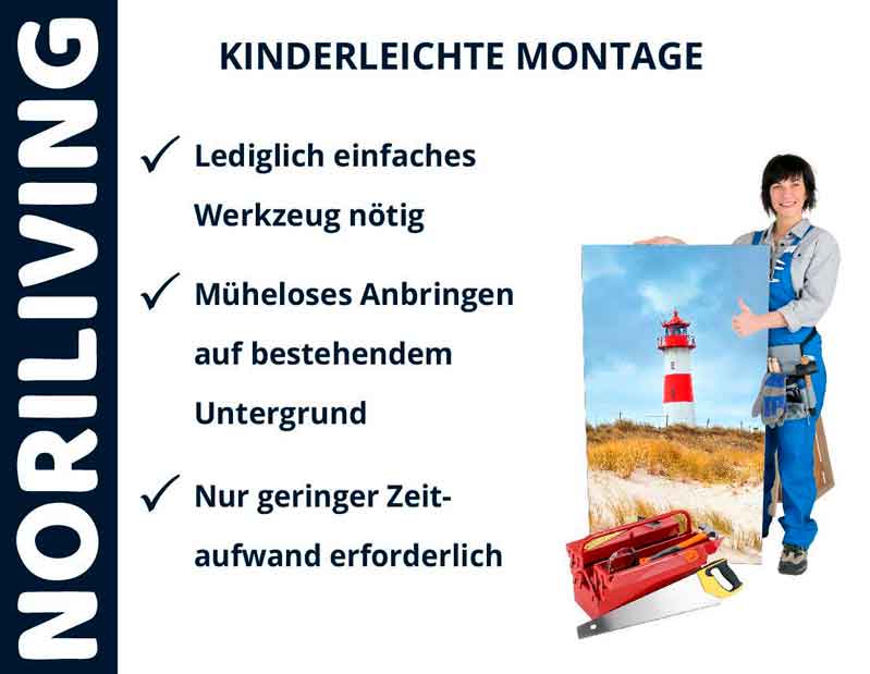 Person mit Bild eines Leuchtturms, Werkzeuge und kinderleichte Montagebeschreibung von Noriliving.