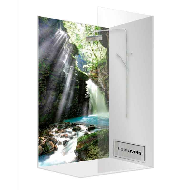 Moderne Duschkabine mit beeindruckendem Wasserfall-Motiv und Duschkopf