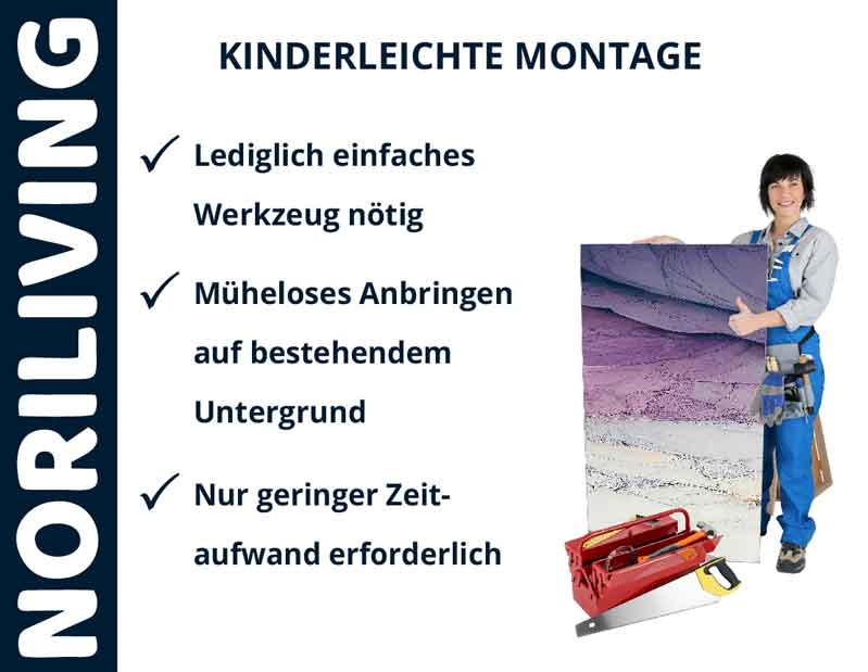 Person zeigt Wandverkleidung von Noriliving mit einfacher Montage, geringem Zeitaufwand und minimalem Werkzeugbedarf.