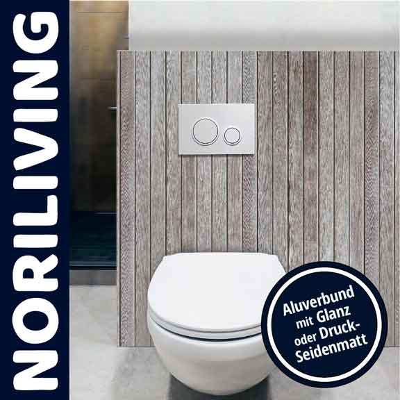 Moderner Toilettenbereich mit eleganter Aluverbund-Verschalung, die in Glanz oder Druck-Seidenmatt verfügbar ist.