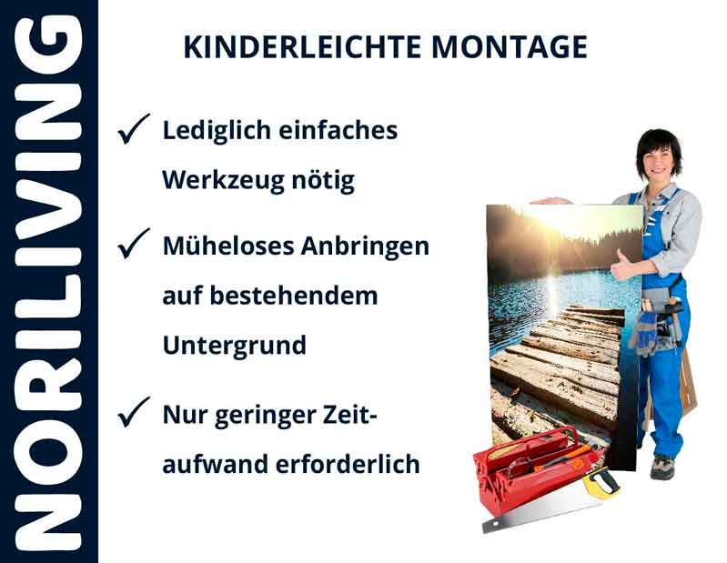 Werbung für kinderleichte Montage durch NORILIVING, zeigt Person mit Wandbild und Werkzeug