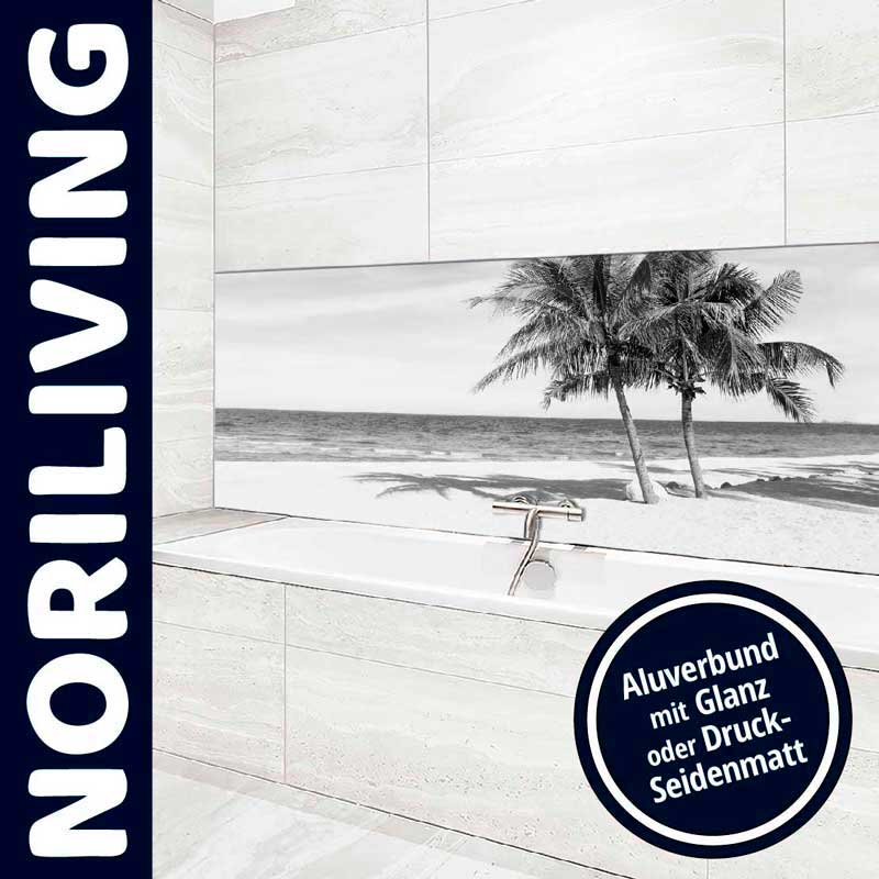 Modernes Badezimmer mit Wandverkleidung im Stranddesign aus Aluverbund, erhältlich in Glanz oder Druck-Seidenmatt