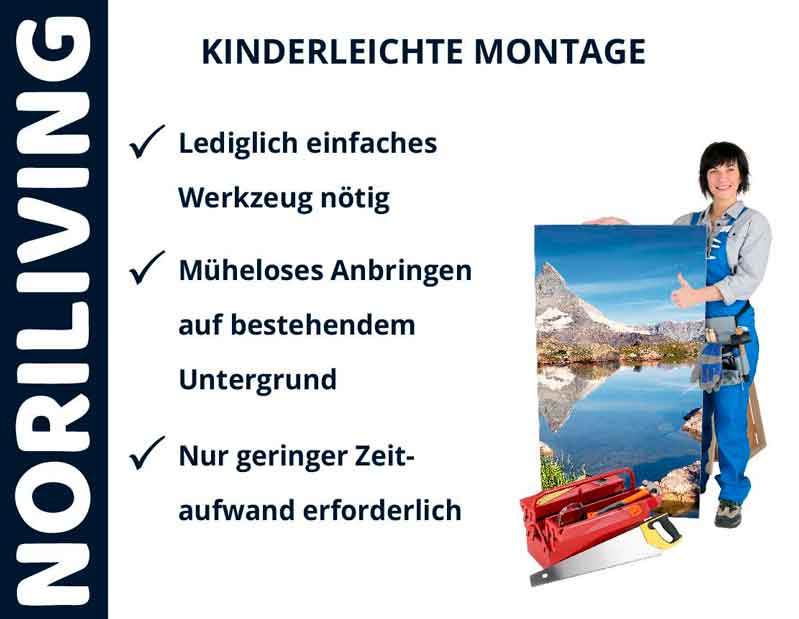 Einfach zu montierendes Produkt von Noriliving Person mit Bild, das eine kinderleichte Montage von Noriliving-Produkten zeigt. Text beschreibt einfache Montage, wenig Zeitaufwand und benötigtes Werkzeug.