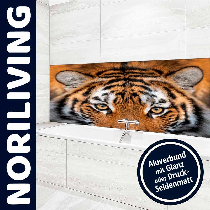 Dekorative Wandverkleidung für das Bad mit Tiger-Motiv von Noriliving Moderne Badezimmerwand mit beeindruckendem Tiger-Design von Noriliving, erhältlich in Glanz oder Druck-Seidenmatt