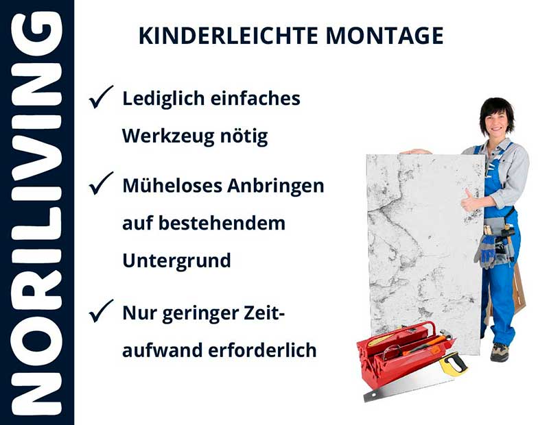 Handwerker mit Werkzeugkasten und Platte, einfache Montage, NORILIVING