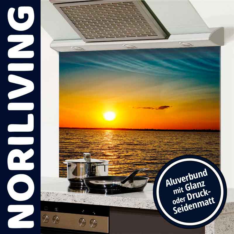 Küchenrückwand mit Sonnenuntergangsmotiv von Norliving aus Aluverbund, geeignet für Glanz oder Druck-Seidenmatt.