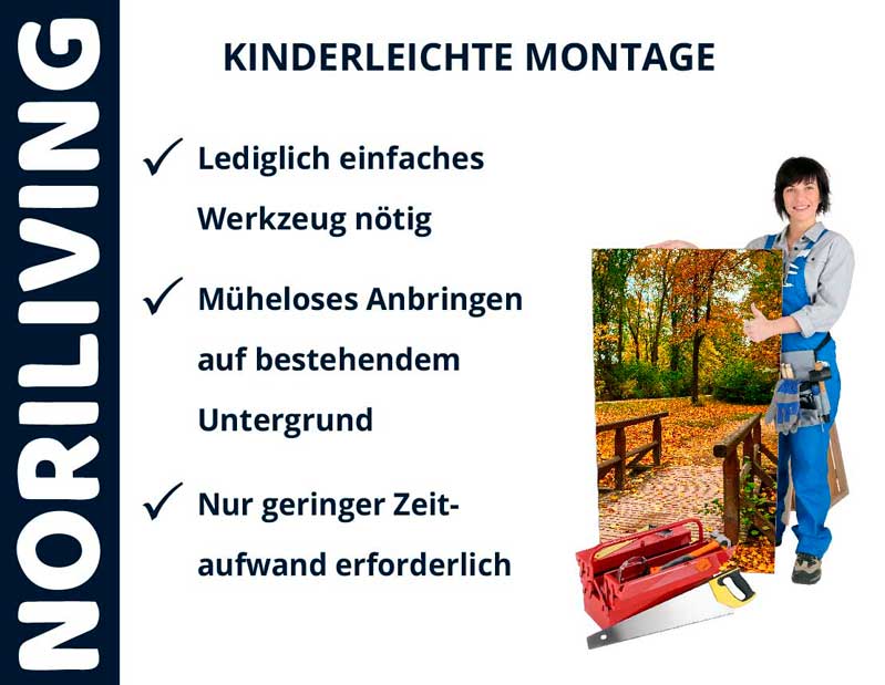 NORILIVING: Kinderleichte Montage mit einfachem Werkzeug NORILIVING Werbung: Einfache Montageanleitung mit Werkzeug und Landschaftsbild