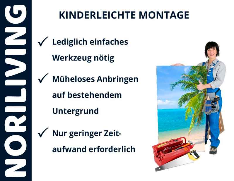 Werbung für NORILIVING mit einer Person, die ein großes Bild hält. Text beschreibt einfache Montage, wenig Werkzeug und geringen Zeitaufwand.