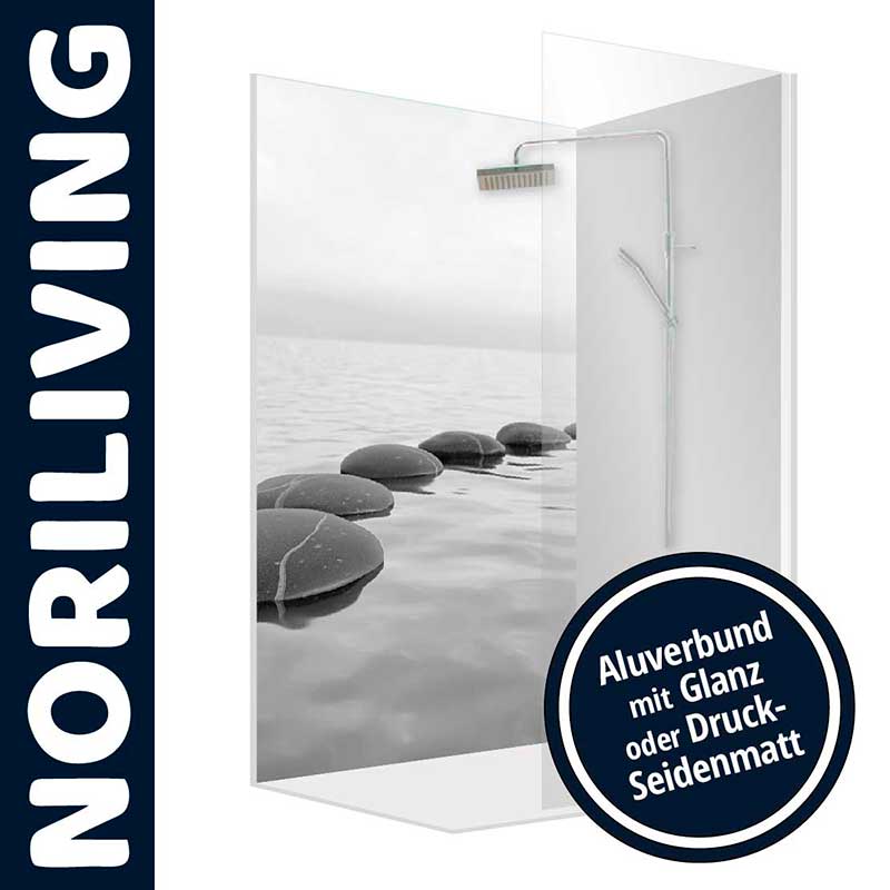 Duschrückwand mit Zen Steinen auf Wasseroberfläche von NORILIVING aus Aluverbund, erhältlich in Glanz oder Druck-Seidenmatt