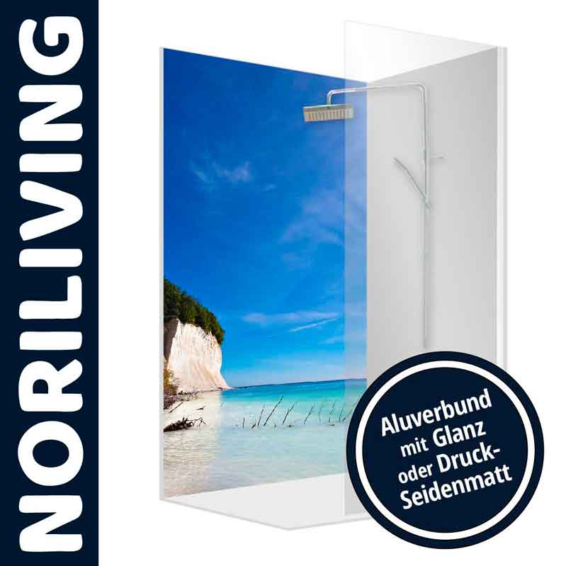 Dekorative Duschrückwand mit Strandmotiv aus Aluverbundmaterial, erhältlich in glänzend oder Druck-Seidenmatt