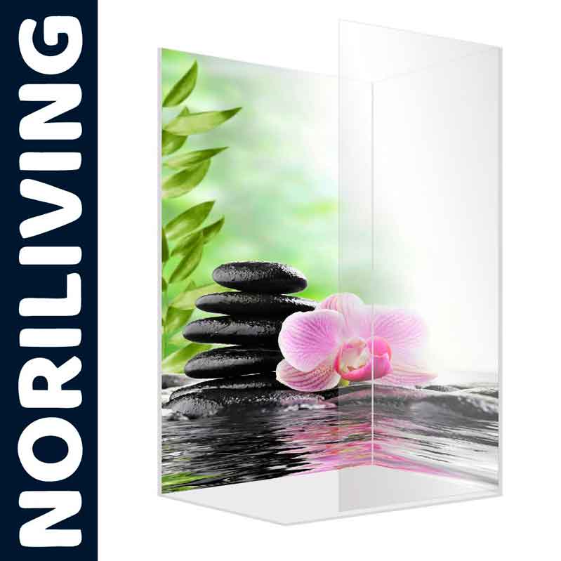 Duschabtrennung mit Zen-Steinen und Orchidee zur Verschönerung des Badezimmers