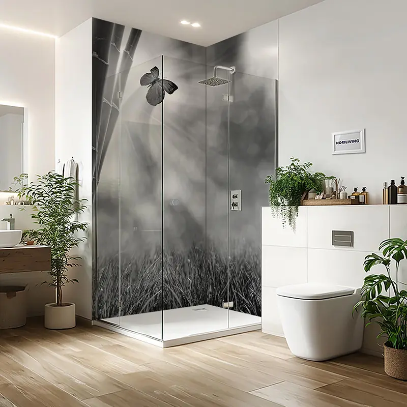 Duschrückwand Aluverbund Wiese mit Bambus und Schmetterling 461 schwarz-weiß