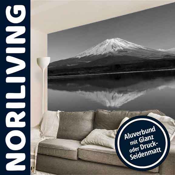 Wohnzimmer mit bequemer Couch und Wandbild einer Berglandschaft, angeboten von Noriliving. Aluverbund mit Glanz oder Druck-Seidenmatt Optionen erhältlich.