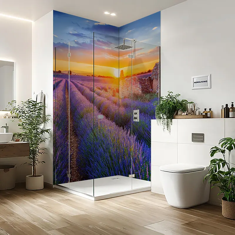 Glasdusche mit Lavendelmotiv und Sonnenuntergang