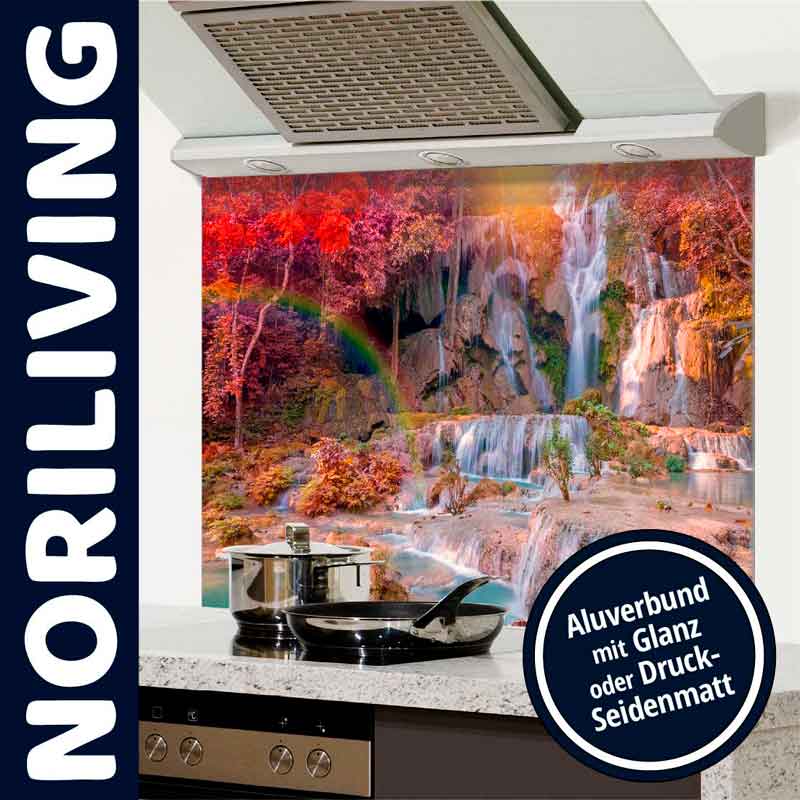 Küchenrückwand aus Aluverbund zeigt farbenfrohen Wasserfall und Regenbogen