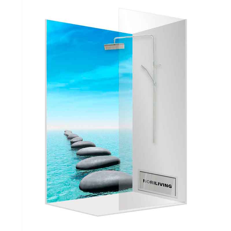 Duschkabine mit Glaswänden und blauem Wasserfall-Design für ein entspannendes Duscherlebnis