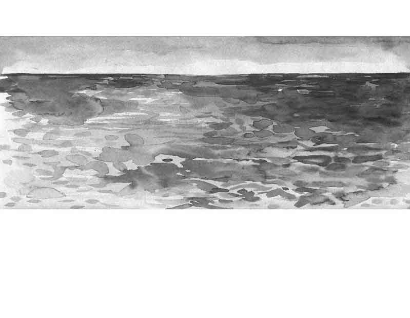 Schwarz-Weiß-Gemälde eines ruhigen Ozeans in Aquarelltechnik