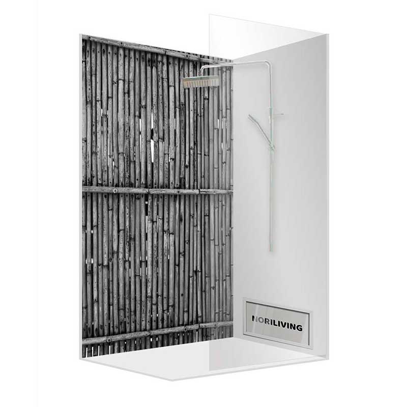 Duschkabine mit Bambuswand und Glastür von NORI LIVING
