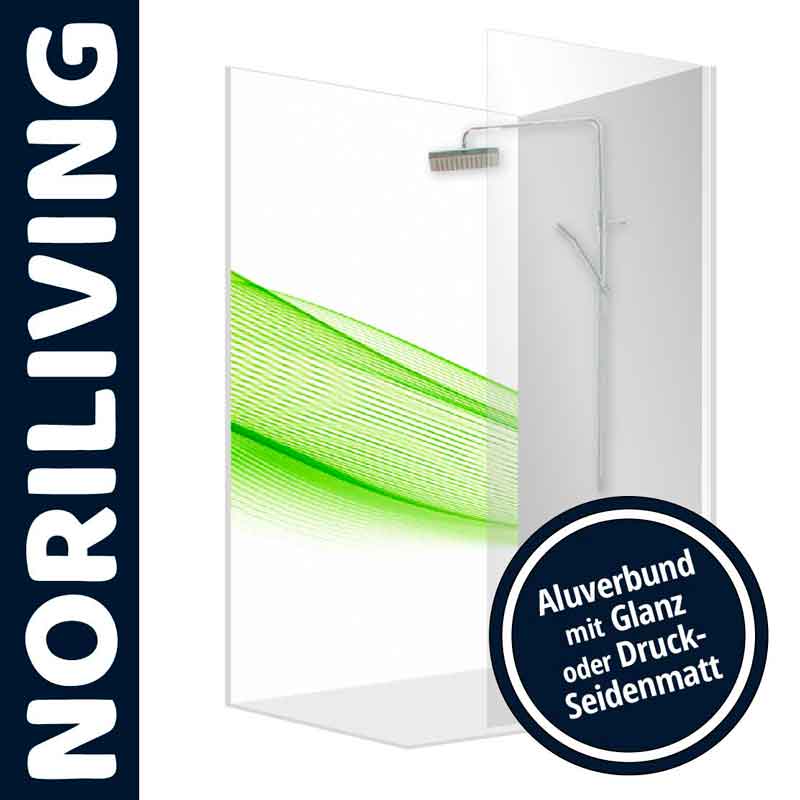 Elegante Duschwand von NORILIVING mit grünem Design Glas-Duschwand von NORILIVING mit grünem Muster und Aluverbund in Glanz oder Druck-Seidenmatt