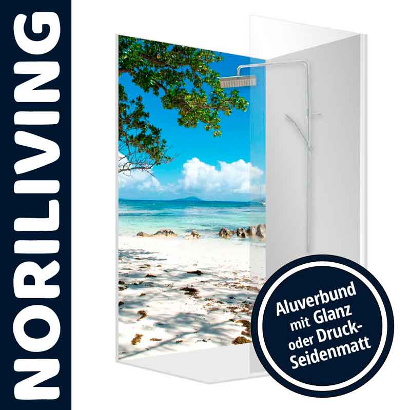 Duschwand mit Bild eines tropischen Strands von NORILIVING, erhältlich in Glanz oder Druck-Seidenmatt.