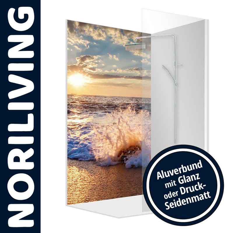 Duschwand mit Sonnenuntergang am Meer und Wellengang, mit Aluverbund in Glanz oder Druck-Seidenmatt von Norliving