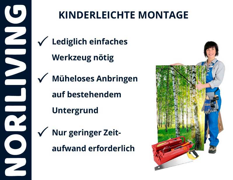 Noriliving-Produkt mit einfacher und schneller Montage, dank minimalem Werkzeugbedarf. Person hält montagefertiges Bild mit Waldmotiv.