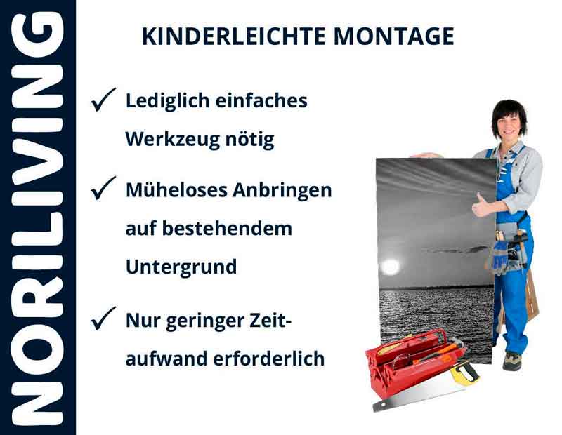 Noriliving Werbebild zeigt einfache Montagehinweise und eine Person mit Werkzeugkasten und Bild