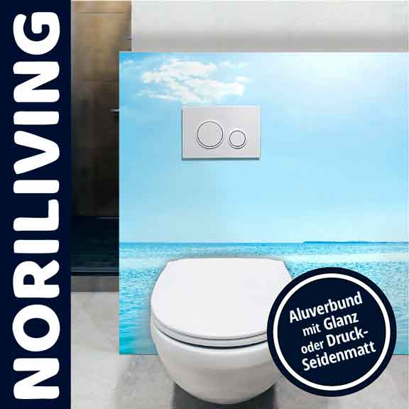 Exklusives WC-Design mit Aluverbund in Glanz oder Druck-Seidenmatt Moderne WC-Anlage mit Ozean-Motiv und Aluverbundplatten in Glanz oder Druck-Seidenmatt