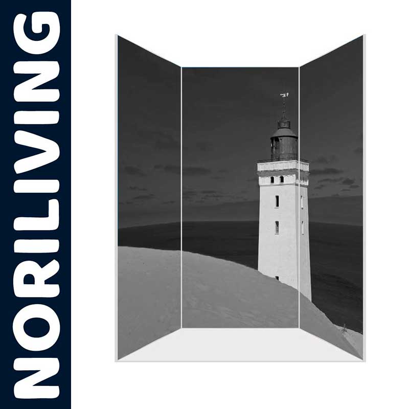 Schwarz-weißer Paravent mit Leuchtturm von NORILIVING