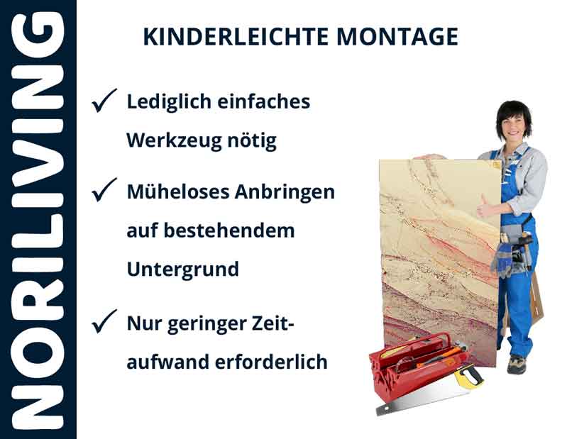 Montageanleitung mit Frau, die Platte hält, und Werkzeug – NORILIVING kinderleichte Installation